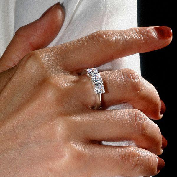 3 Stone Cushion Cut Sterling Silver Engagement Ring - Classic Style