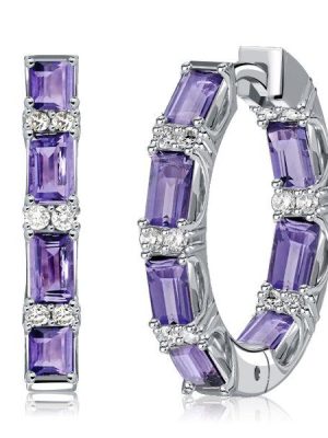 Baguette Amethyst Hoop Earrings in Sterling Silver