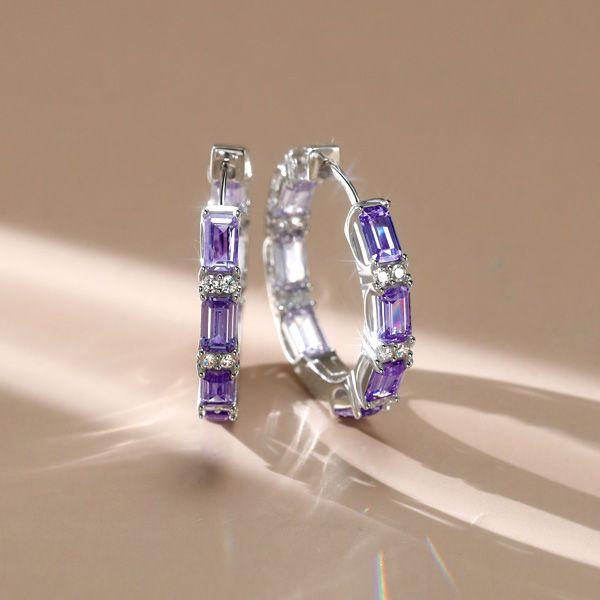 Baguette Amethyst Hoop Earrings in Sterling Silver