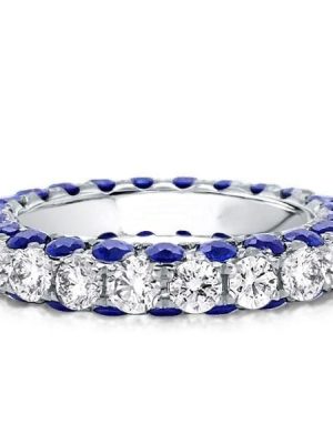 Eternity White & Blue Round Gemstone Wedding Band in 925 Sterling Silver