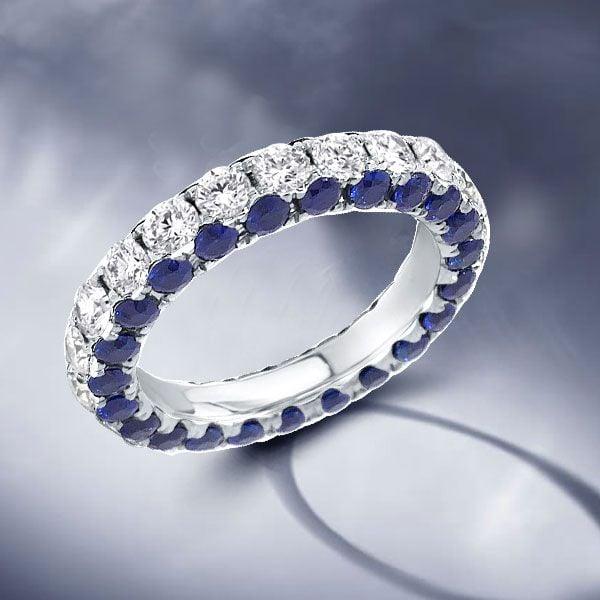 Eternity White & Blue Round Gemstone Wedding Band in 925 Sterling Silver