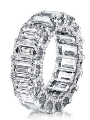 Emerald & White Sapphire Eternity Wedding Band - Sterling Silver Double Prong Ring
