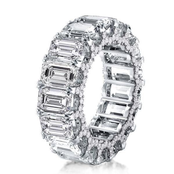 Emerald & White Sapphire Eternity Wedding Band - Sterling Silver Double Prong Ring