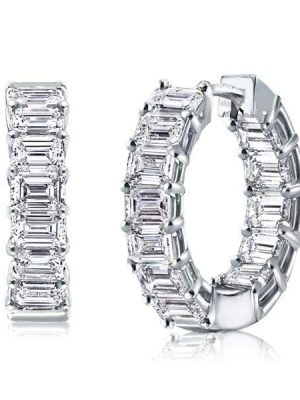 Classic Emerald Cut White Sapphire Hoop Earrings in 925 Sterling Silver