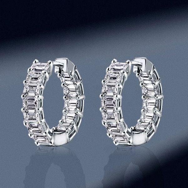 Classic Emerald Cut White Sapphire Hoop Earrings in 925 Sterling Silver