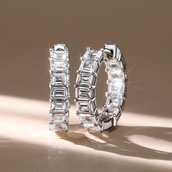 Classic Emerald Cut White Sapphire Hoop Earrings in 925 Sterling Silver