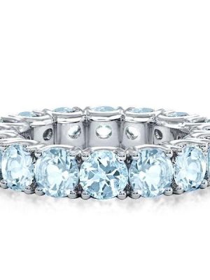 Round Cut Aquamarine Eternity Wedding Band in Rhodium-Plated Sterling Silver