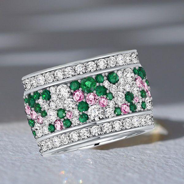 Emerald & Pink Stone Multi-Row Wedding Band Ring in Sterling Silver