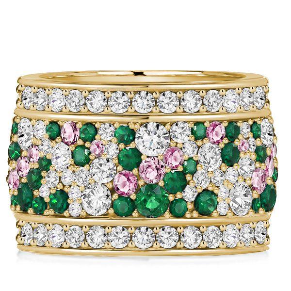 Emerald & Pink Stone Multi-Row Wedding Band Ring in Sterling Silver