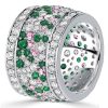 Emerald & Pink Stone Multi-Row Wedding Band Ring in Sterling Silver