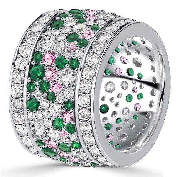 Emerald & Pink Stone Multi-Row Wedding Band Ring in Sterling Silver
