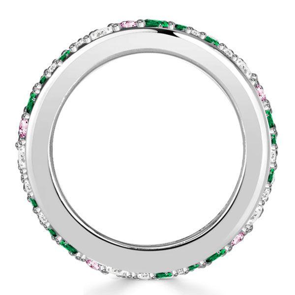 Emerald & Pink Stone Multi-Row Wedding Band Ring in Sterling Silver