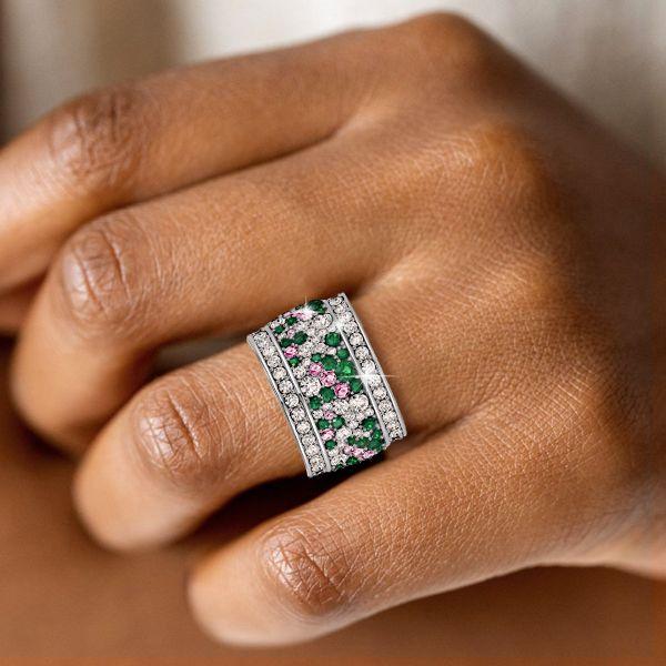 Emerald & Pink Stone Multi-Row Wedding Band Ring in Sterling Silver