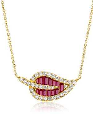 Ruby Leaf Pendant Necklace - Baguette Cut, 18K Gold Plated Sterling Silver