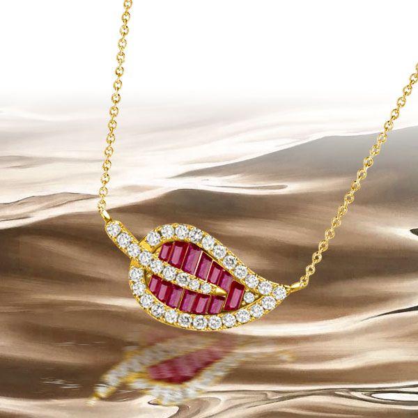 Ruby Leaf Pendant Necklace - Baguette Cut, 18K Gold Plated Sterling Silver