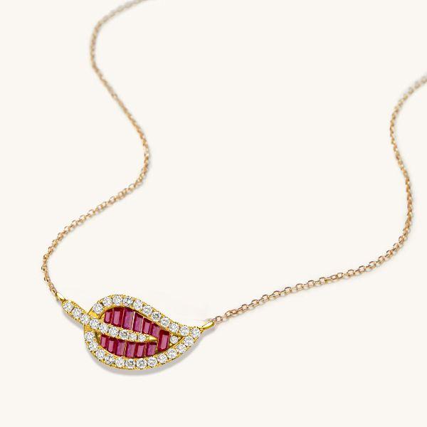 Ruby Leaf Pendant Necklace - Baguette Cut, 18K Gold Plated Sterling Silver