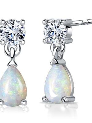Sterling Silver Drop Earrings with Round & Pear Cut White Sapphire and Opal