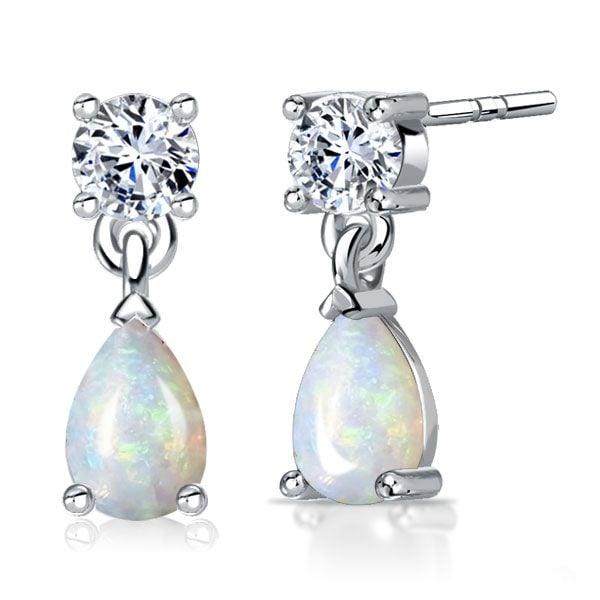 Sterling Silver Drop Earrings with Round & Pear Cut White Sapphire and Opal