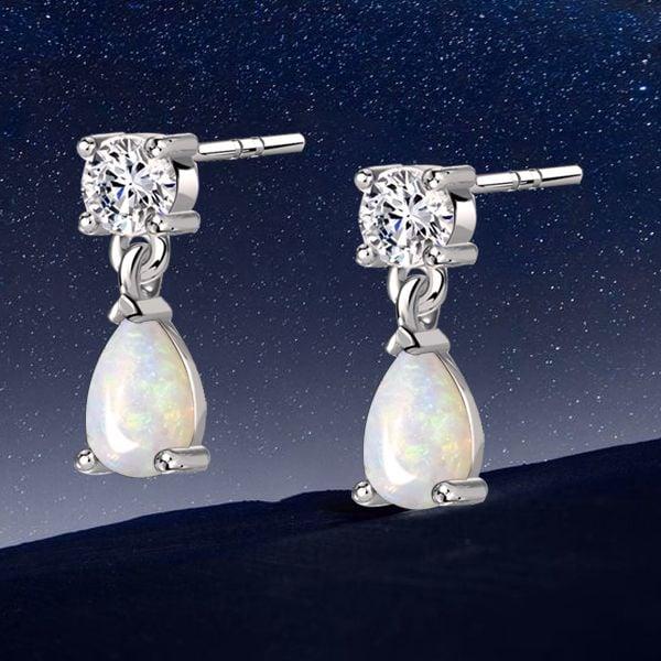 Sterling Silver Drop Earrings with Round & Pear Cut White Sapphire and Opal