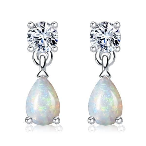 Sterling Silver Drop Earrings with Round & Pear Cut White Sapphire and Opal