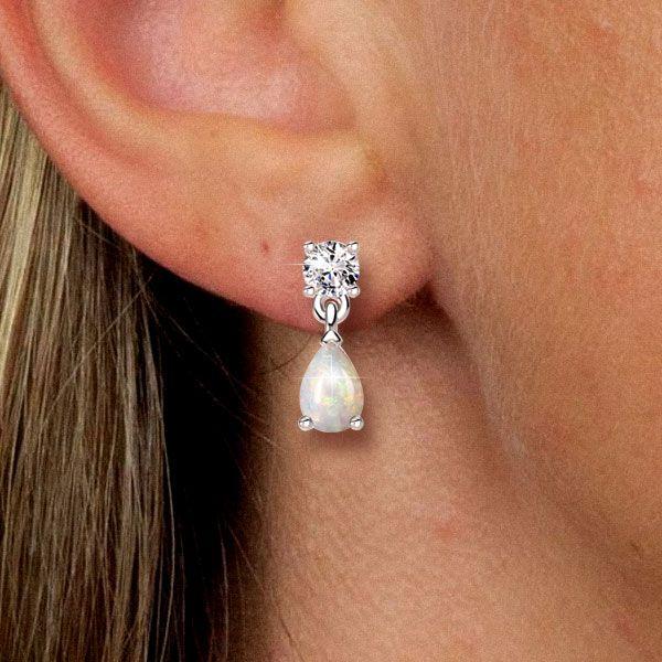 Sterling Silver Drop Earrings with Round & Pear Cut White Sapphire and Opal