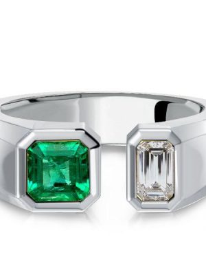 Emerald Signet Ring - Sterling Silver Bezel Open Ring for Women