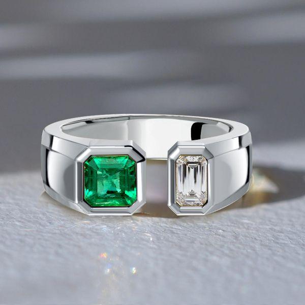Emerald Signet Ring - Sterling Silver Bezel Open Ring for Women
