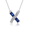 Baguette Cut Blue Sapphire Infinity Cross Necklace in Rhodium Plated Sterling Silver