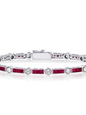 Ruby & White Stone Tennis Bracelet in Sterling Silver - Art Deco Style
