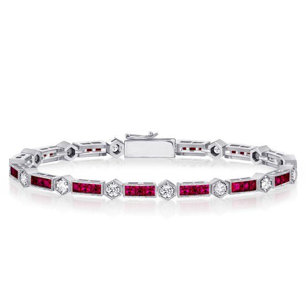 Ruby & White Stone Tennis Bracelet in Sterling Silver - Art Deco Style