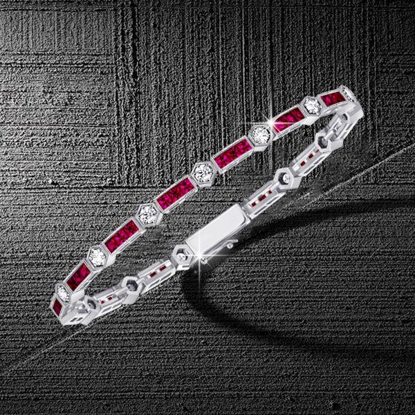 Ruby & White Stone Tennis Bracelet in Sterling Silver - Art Deco Style