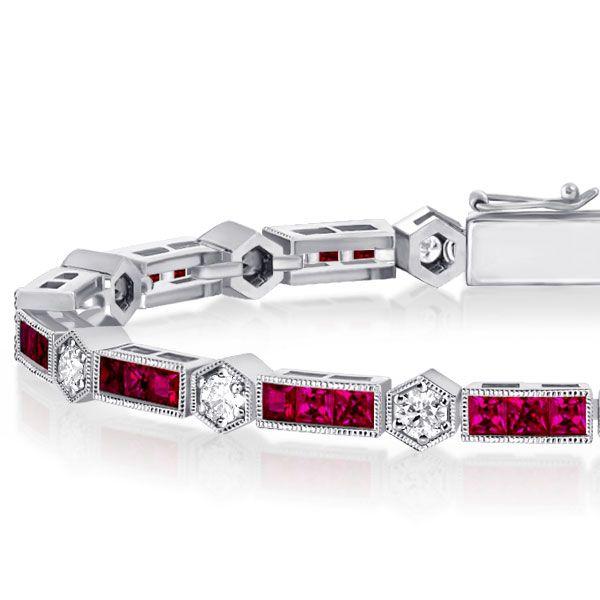Ruby & White Stone Tennis Bracelet in Sterling Silver - Art Deco Style