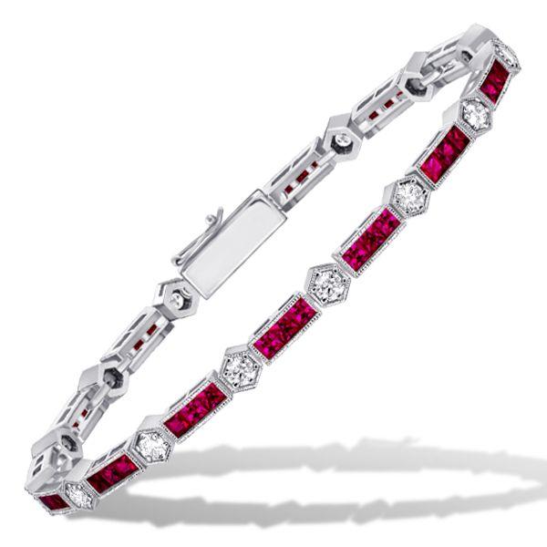 Ruby & White Stone Tennis Bracelet in Sterling Silver - Art Deco Style