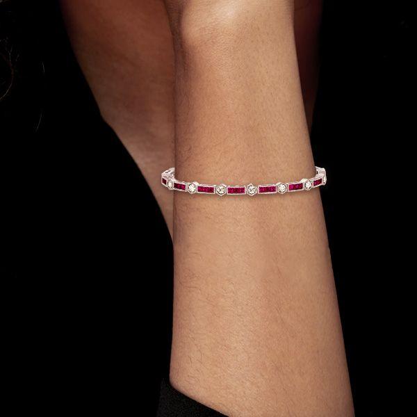 Ruby & White Stone Tennis Bracelet in Sterling Silver - Art Deco Style