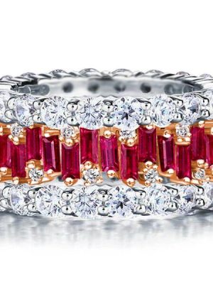 Two-Tone Sterling Silver Ruby Eternity Band Set - Round & Baguette