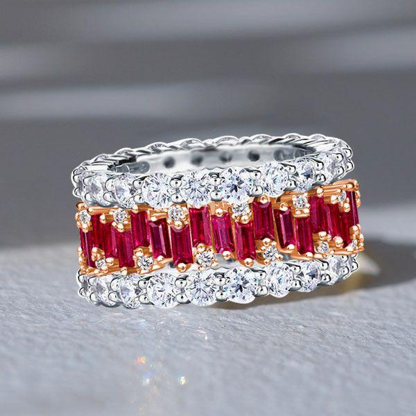 Two-Tone Sterling Silver Ruby Eternity Band Set - Round & Baguette