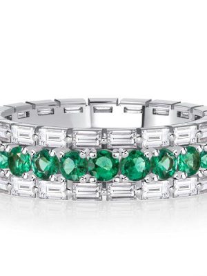 Emerald & Sapphire Eternity Band - Baguette & Round Cut - Sterling Silver