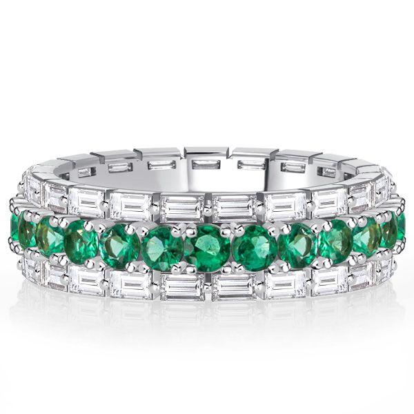 Emerald & Sapphire Eternity Band - Baguette & Round Cut - Sterling Silver
