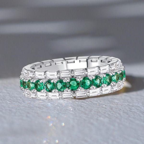 Emerald & Sapphire Eternity Band - Baguette & Round Cut - Sterling Silver
