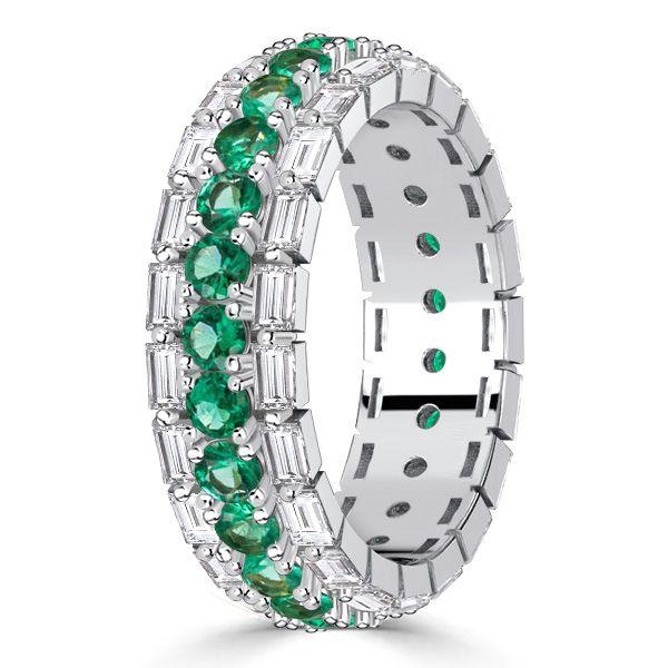 Emerald & Sapphire Eternity Band - Baguette & Round Cut - Sterling Silver