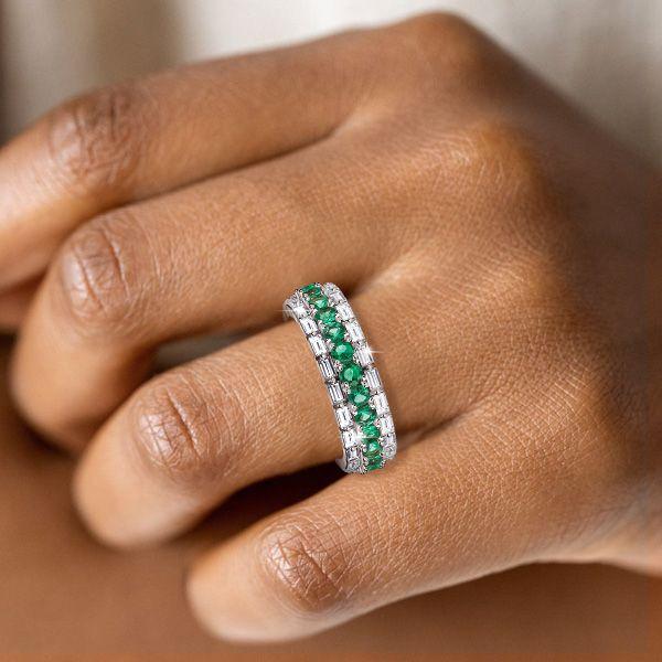 Emerald & Sapphire Eternity Band - Baguette & Round Cut - Sterling Silver