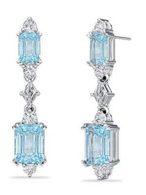 Emerald Cut Aquamarine Drop Earrings for Women in Rhodium Plated 925 Sterling Silver