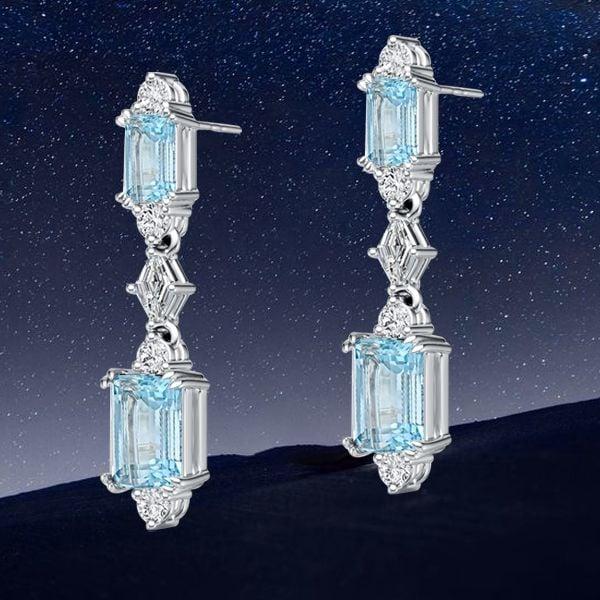 Emerald Cut Aquamarine Drop Earrings for Women in Rhodium Plated 925 Sterling Silver