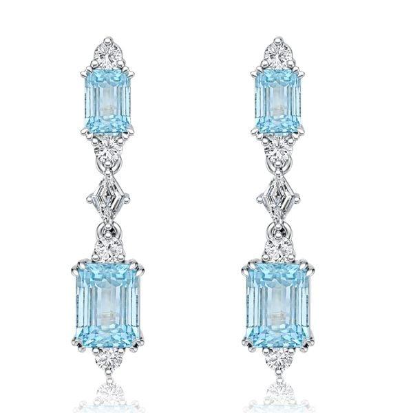 Emerald Cut Aquamarine Drop Earrings for Women in Rhodium Plated 925 Sterling Silver