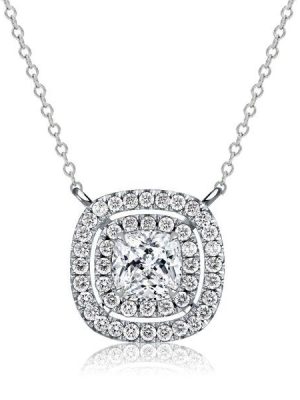 Double Halo White Sapphire Cushion Cut Pendant Necklace - Sterling Silver