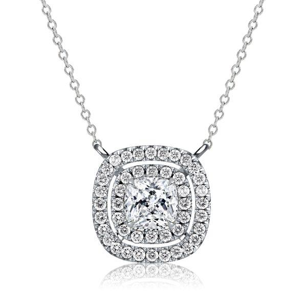 Double Halo White Sapphire Cushion Cut Pendant Necklace - Sterling Silver