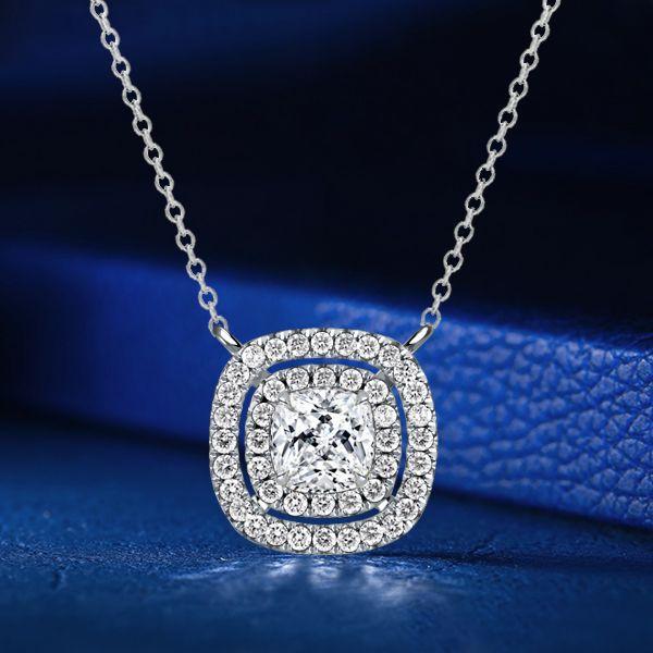 Double Halo White Sapphire Cushion Cut Pendant Necklace - Sterling Silver