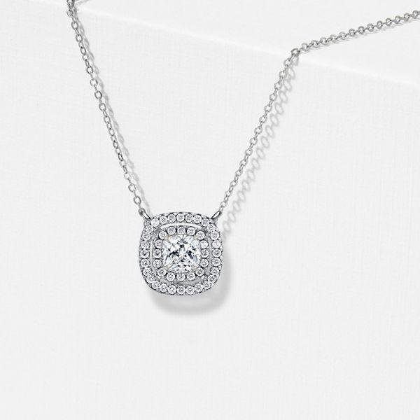 Double Halo White Sapphire Cushion Cut Pendant Necklace - Sterling Silver