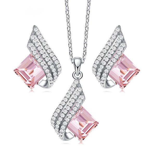Emerald Cut Pink Sapphire Necklace & Earrings Set - Sterling Silver Jewelry