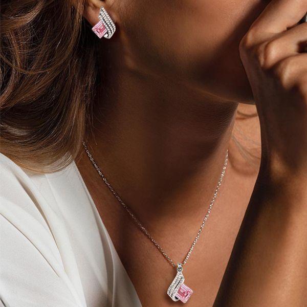 Emerald Cut Pink Sapphire Necklace & Earrings Set - Sterling Silver Jewelry
